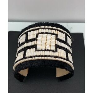 Native Beautiful Wide Seed Bead Handmade Cuff Bracelet Gorgeous Black & White